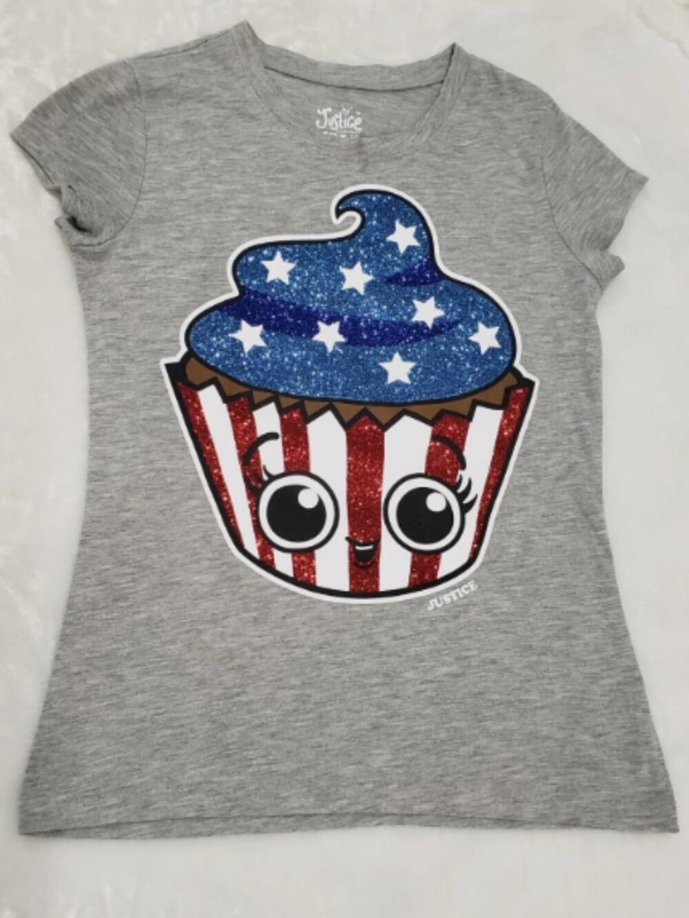 Justice Girls Size 10 Patriotic Glitter Cupcake Heather Gray Short Sleeve Tee